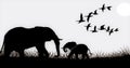 Black silhouette of elephants and birds. Indian landscape. Panorama of wild nature. Vector illustration