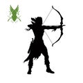 Black silhouette of elven archer with bow. Fantasy character. Games icon of scout with weapon Royalty Free Stock Photo