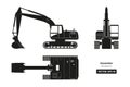 Black silhouette of excavator. Top, side and front view. Diesel digger blueprint. Hydraulic machinery image