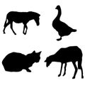 Black silhouette farm animals vector set - horse, goose, sheep, cat Royalty Free Stock Photo