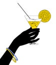 Black silhouette of female hand holding a cocktail with a slice and ices in the cone glass