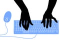 Black silhouette of female hands with a blue computer keyboard and computer mouse Royalty Free Stock Photo