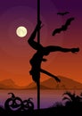 Black silhouette of female pole dancer performing pole moves in front of river and full moon at Halloween night