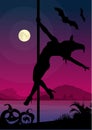 Black silhouette of female pole dancer performing pole moves in front of river and full moon at Halloween night Royalty Free Stock Photo