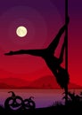 Black silhouette of female pole dancer performing pole moves in front of river and full moon at Halloween night Royalty Free Stock Photo