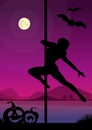 Black silhouette of female pole dancer performing pole moves in front of river and full moon at Halloween night Royalty Free Stock Photo