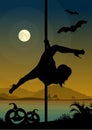 Black silhouette of female pole dancer performing pole moves in front of river and full moon at Halloween night Royalty Free Stock Photo