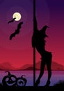 Black silhouette of female pole dancer performing pole moves in front of river and full moon at Halloween night