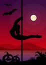 Black silhouette of female pole dancer performing pole moves in front of river and full moon at Halloween night Royalty Free Stock Photo