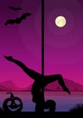 Black silhouette of female pole dancer performing pole moves in front of river and full moon at Halloween night Royalty Free Stock Photo