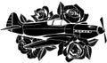 black silhouette of fighter Spitfire with roses