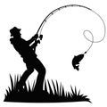 Black silhouette of a fisherman with a fishing rod and a fish on a white background. Suitable for use as a logo, a