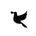 Black silhouette of flying dove with heart in beak on white Royalty Free Stock Photo