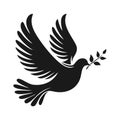 Black silhouette of flying dove with a olive branch in its beak isolated on white background. Vector illustration Royalty Free Stock Photo