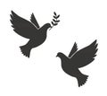 Black Silhouette of Flying Dove with Olive Twig Vector Icon Template