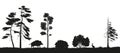 Black silhouette of forest trees on a white background. Panorama of forest with animals. Landscape of wild nature