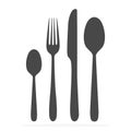 Black silhouette of fork, knife and spoon vector icon set. cutlery isolated on a white background Royalty Free Stock Photo
