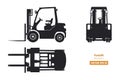 Black silhouette of forklift. Top, side and front view. Hydraulic machinery blueprint. Industrial isolated loader Royalty Free Stock Photo