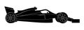 Black silhouette of a Formula one car with white outlines. Racing car side view. Wheels, spoilers and halo. High-speed