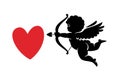 Black silhouette of funny cute Cupid aiming a bow and arrow at red heart. Valentines Day love symbol Royalty Free Stock Photo