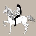 Black silhouette of a Girl in knightly armor and with bare legs sitting on a horse Royalty Free Stock Photo