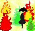 Black silhouette of a girl with an umbrella on abstract background