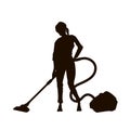 Black silhouette of girl with vacuum cleaner. Isolated woman cleaning floor. Housemaid with hoover doing homework
