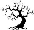 Black silhouette of a gnarled dry tree on a white background.