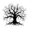 Black silhouette of a gnarled dry tree on a white background. A tree without leaves. Lifeless witchcraft gloomy tree