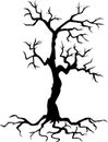 Black silhouette of a gnarled dry tree on a white background.