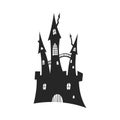 Black silhouette of gothic castle. Halloween party. Isolated image of fantasy tower. Spooky house. Design element