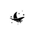 Black silhouette of graceful whale and stars. Fairy tale symbol