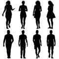 Black silhouette group of people standing in various poses Royalty Free Stock Photo