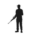 Black silhouette of guard with gun. Police officer with sniper rifle. Isolated image of prison security Royalty Free Stock Photo