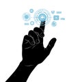 Black silhouette of a hand with a finger pointing and touching a futuristic light blue digital interface, symbolizing interaction Royalty Free Stock Photo