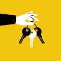 Black silhouette hand holding key with a blank key fob. Handing key to home.