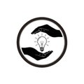 Black Silhouette of Hands Cupping a Light Bulb with Rays in Circle idea innovation Royalty Free Stock Photo