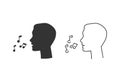 Black silhouette head man and note as singing line icon set.