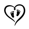 Black silhouette of heart baby footprint. Sign of love for newborn. Vector simple illustration of silhouette of heart