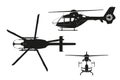 Black silhouette of helicopter on white background. Top, side, front view. Isolated drawing