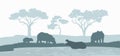 Black silhouette of hippopotamus family. Scene with hippos. Landscape of wild african animals. Savannah panorama