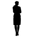 Black silhouette of a housewife in a dress standing while hands folded or crossed, beautiful woman vector eps