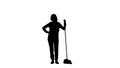 Black silhouette of housewife woman posing with broom and looking away on white background. Concept profession of maid Royalty Free Stock Photo