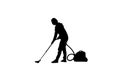 Black silhouette of housewife woman vacuum the floor on white background. Concept profession of maid, cleaning Royalty Free Stock Photo