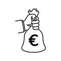 Black silhouette icon outline hand hold money bag with euro. Royalty Free Stock Photo