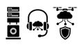 Black silhouette icons of cloud computing technology with server, headset, drone, and shield protection symbols Royalty Free Stock Photo