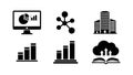 Black silhouette icons computer screen analytics network nodes building bar chart growth cloud upload on book vector Royalty Free Stock Photo