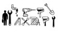 Black silhouette icons of construction worker tools wrench drill paint roller shovel and ruler measuring instruments vector art Royalty Free Stock Photo