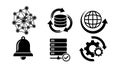 Black silhouette icons of network nodes, data storage sync, global connection, alert bell, database server, and rotating gears set Royalty Free Stock Photo