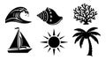 Black silhouette icons of ocean wave shell coral sailboat sun and palm tree vector graphic design elements Royalty Free Stock Photo